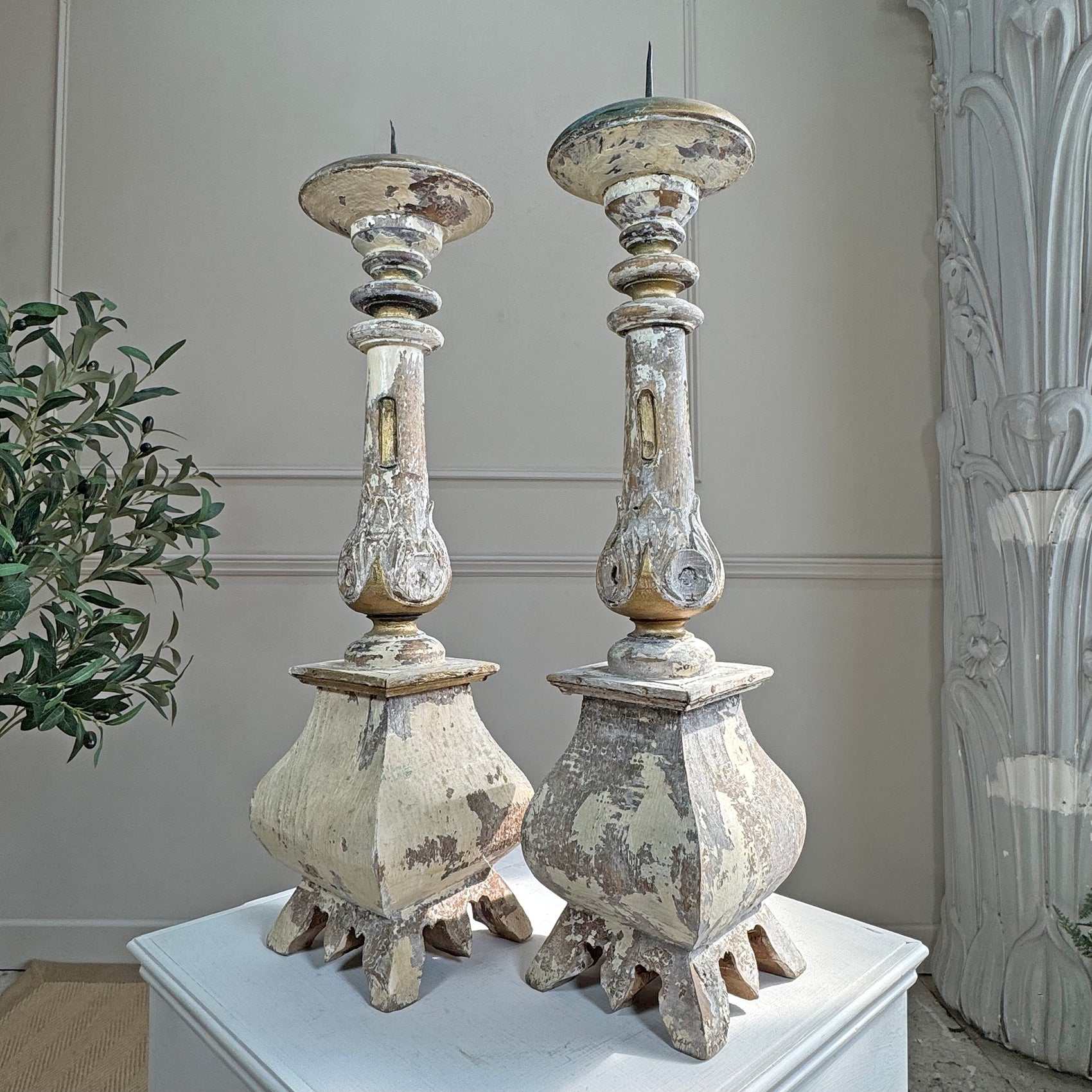 Pair Of 19th Century Swedish Gustavian Carved Wooden Candlesticks