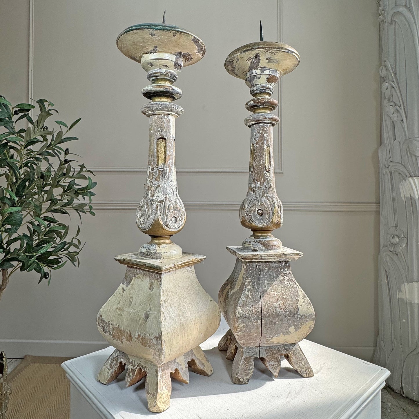Pair Of 19th Century Swedish Gustavian Carved Wooden Candlesticks