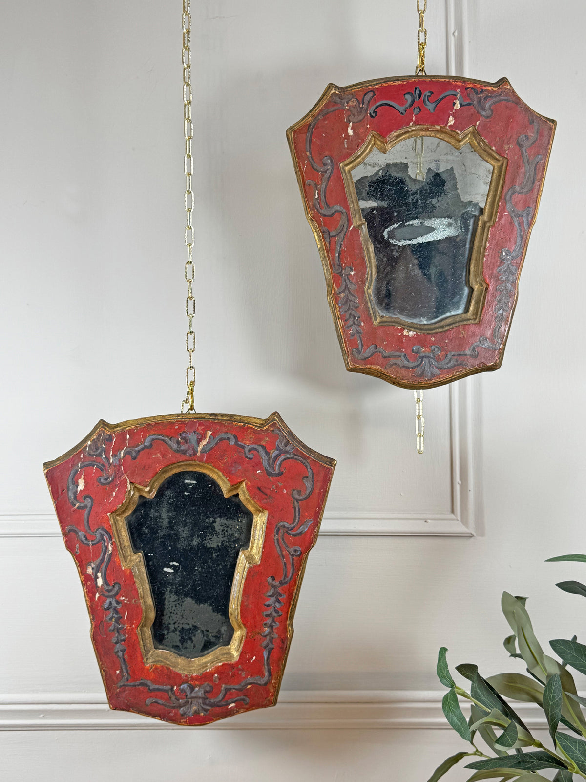A Pair of Beautiful Hand Painted Italian Red Baroque Wall Mirrors