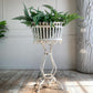 A white metal antique Arras planter basket with a decorative scrollwork stand, filled with lush green ferns, set against a white paneled wall and rustic wooden floor.