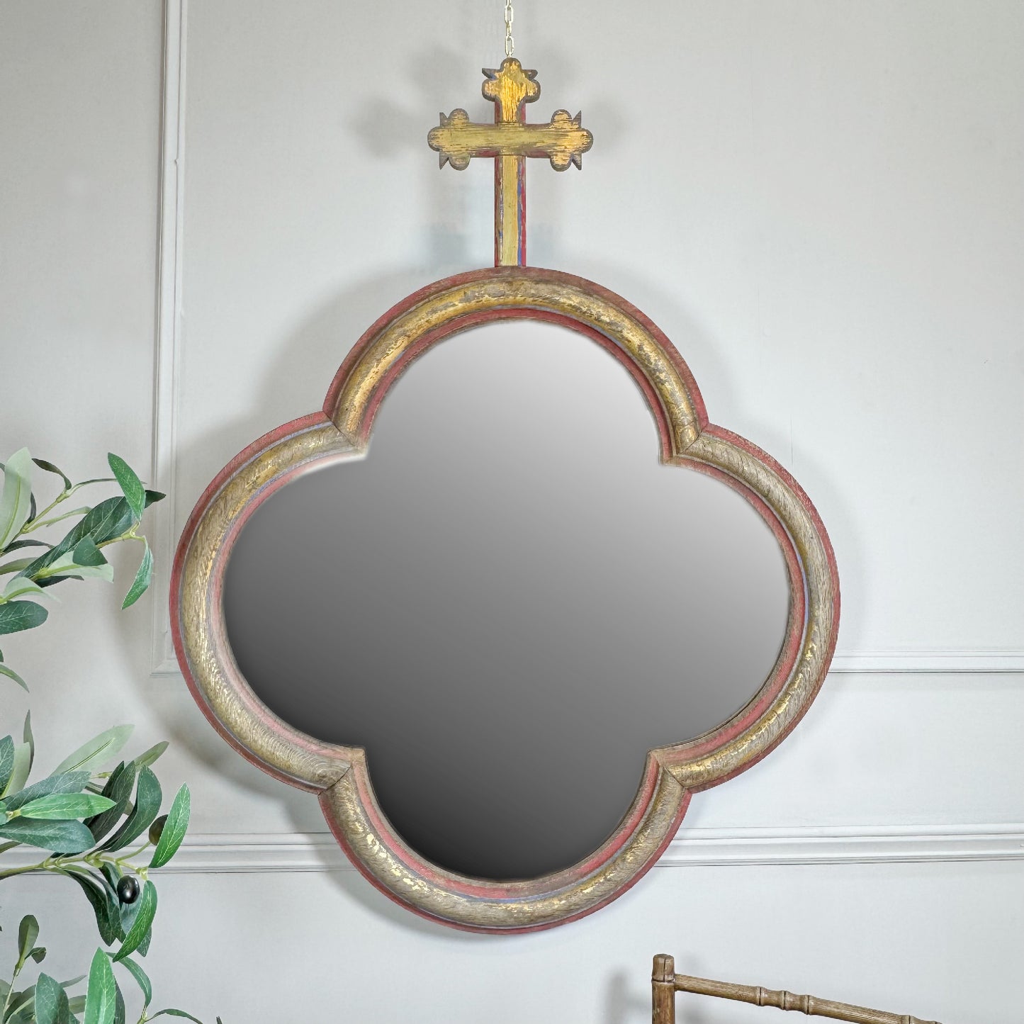19th Century French Polychrome And Giltwood Quatrefoil Church Mirror With Cross