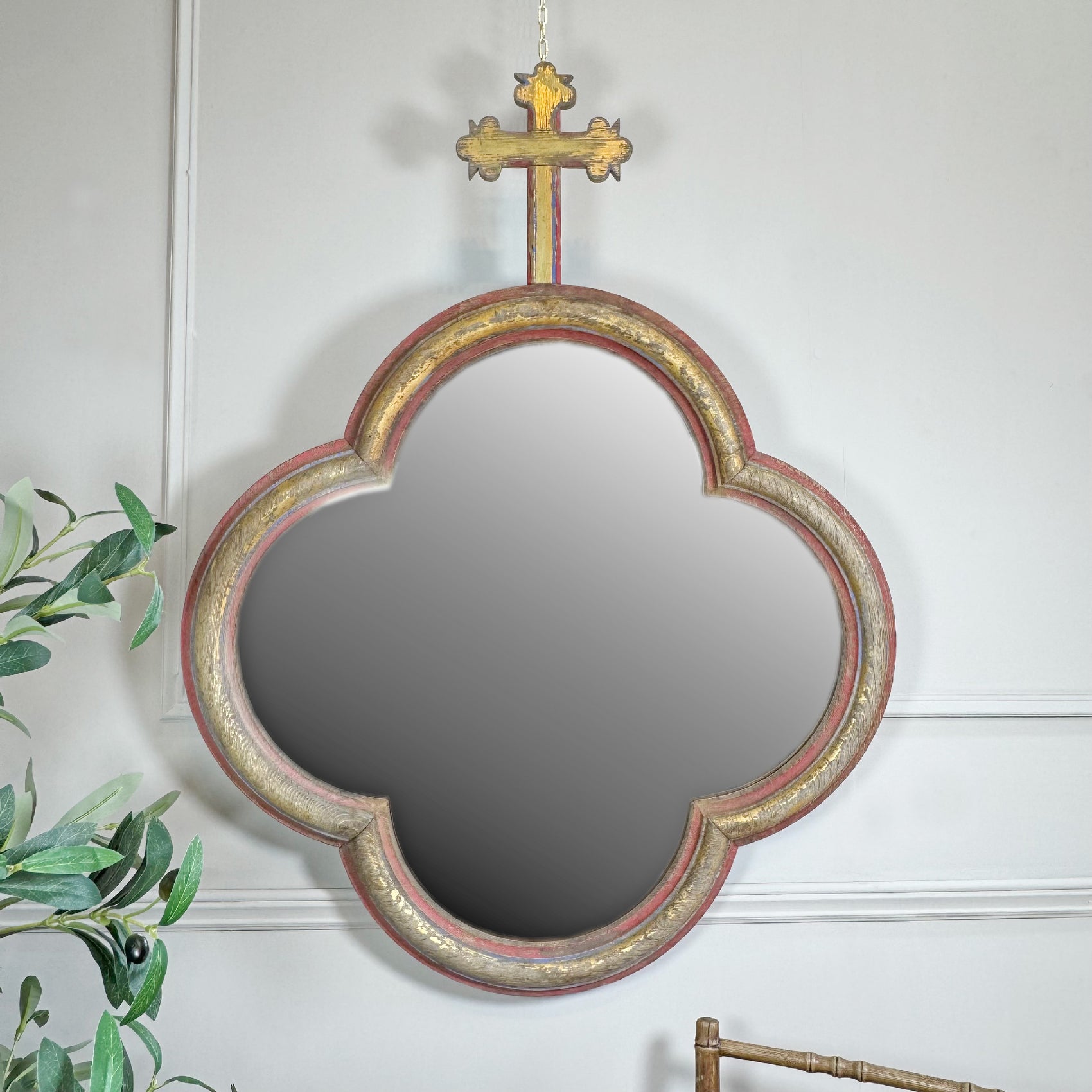 19th Century French Polychrome And Giltwood Quatrefoil Church Mirror With Cross