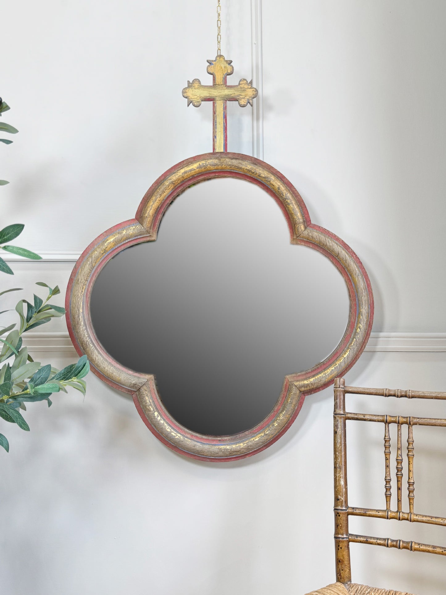 19th Century French Polychrome And Giltwood Quatrefoil Church Mirror With Cross