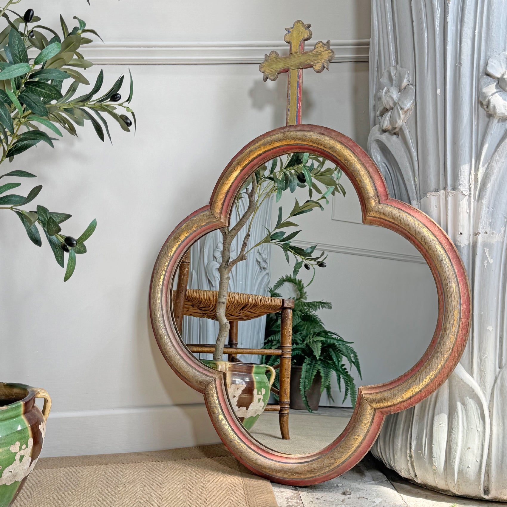 19th Century French Polychrome And Giltwood Quatrefoil Church Mirror With Cross