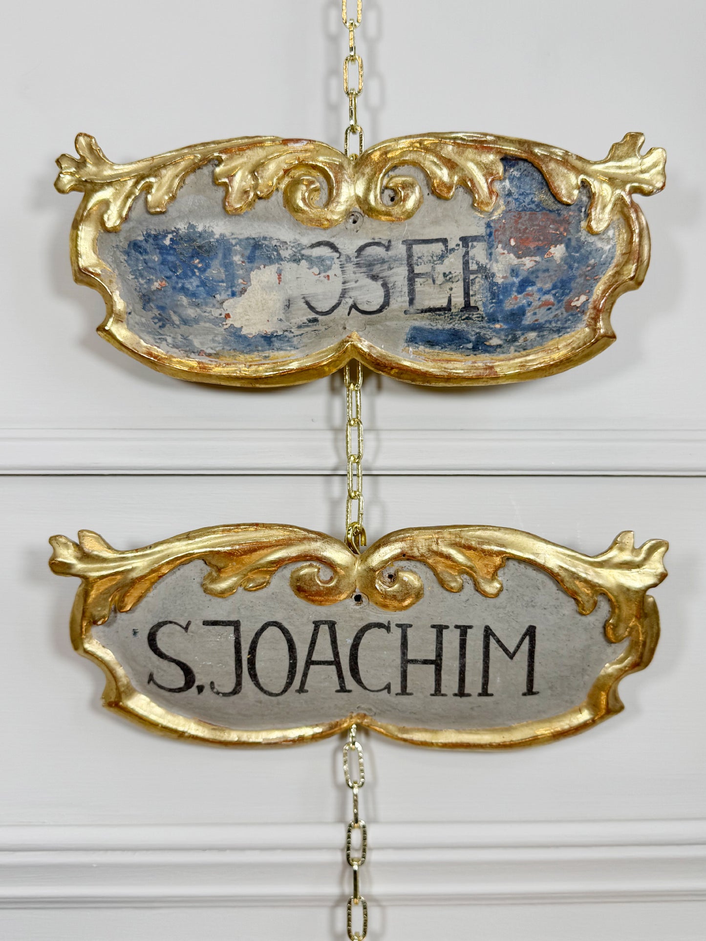 Pair of 18th Century Painted and Giltwood Church Plaques for St Joachim and St Josef