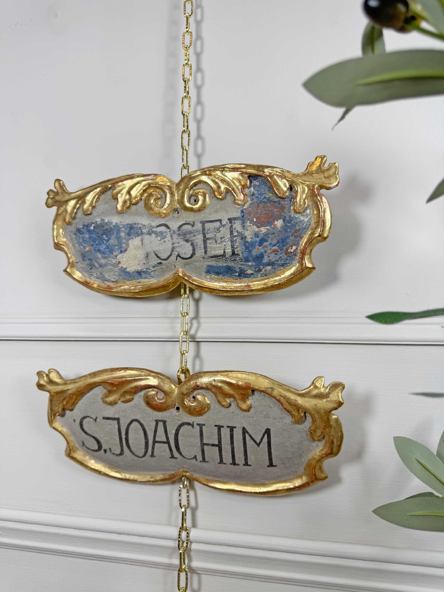 Pair of 18th Century Painted and Giltwood Church Plaques for St Joachim and St Josef