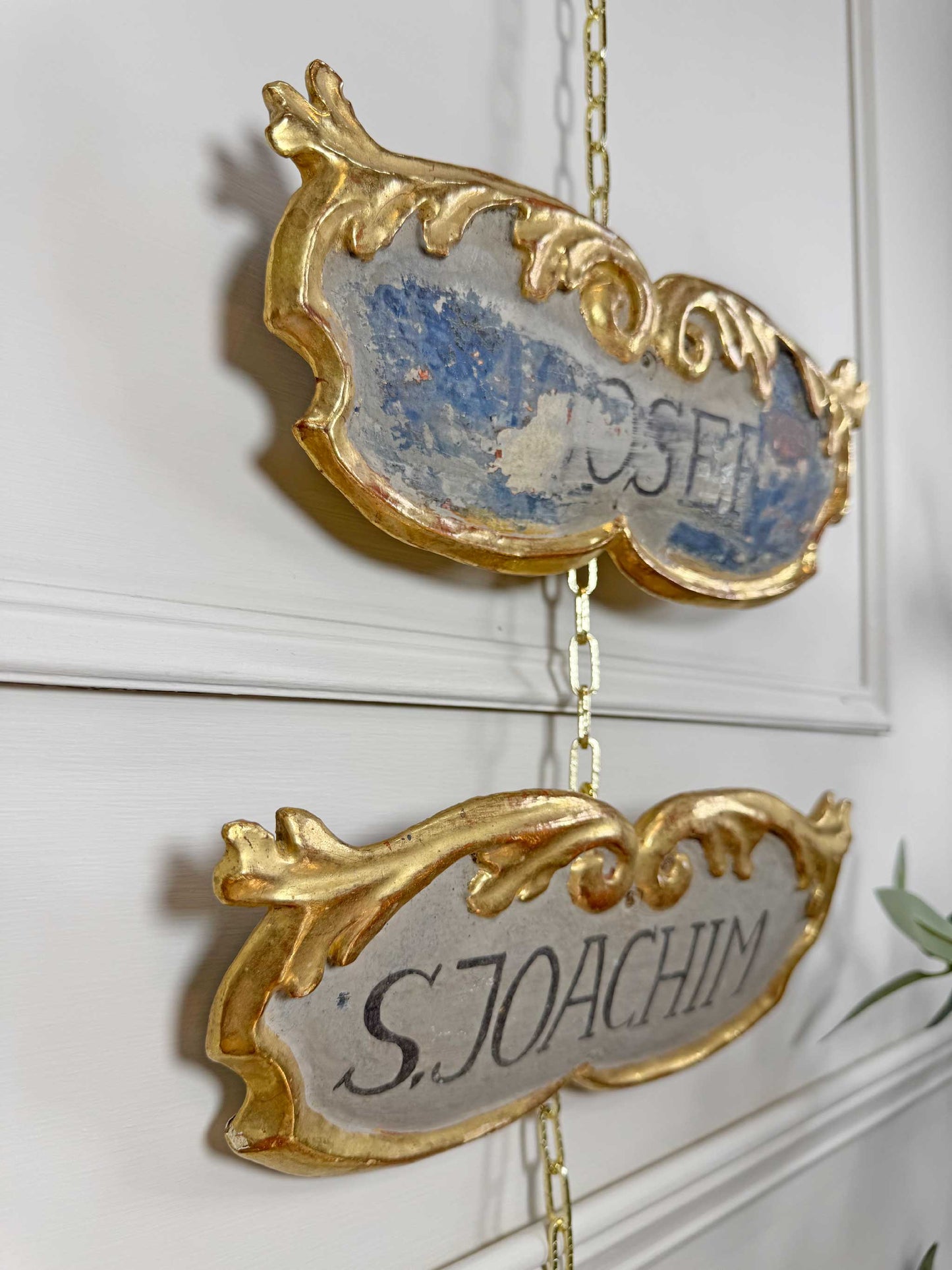 Pair of 18th Century Painted and Giltwood Church Plaques for St Joachim and St Josef