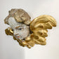 An antique gilded cherub wall sconce featuring a painted face with distressed gray and white tones, detailed with ornate gold wings and scrollwork.