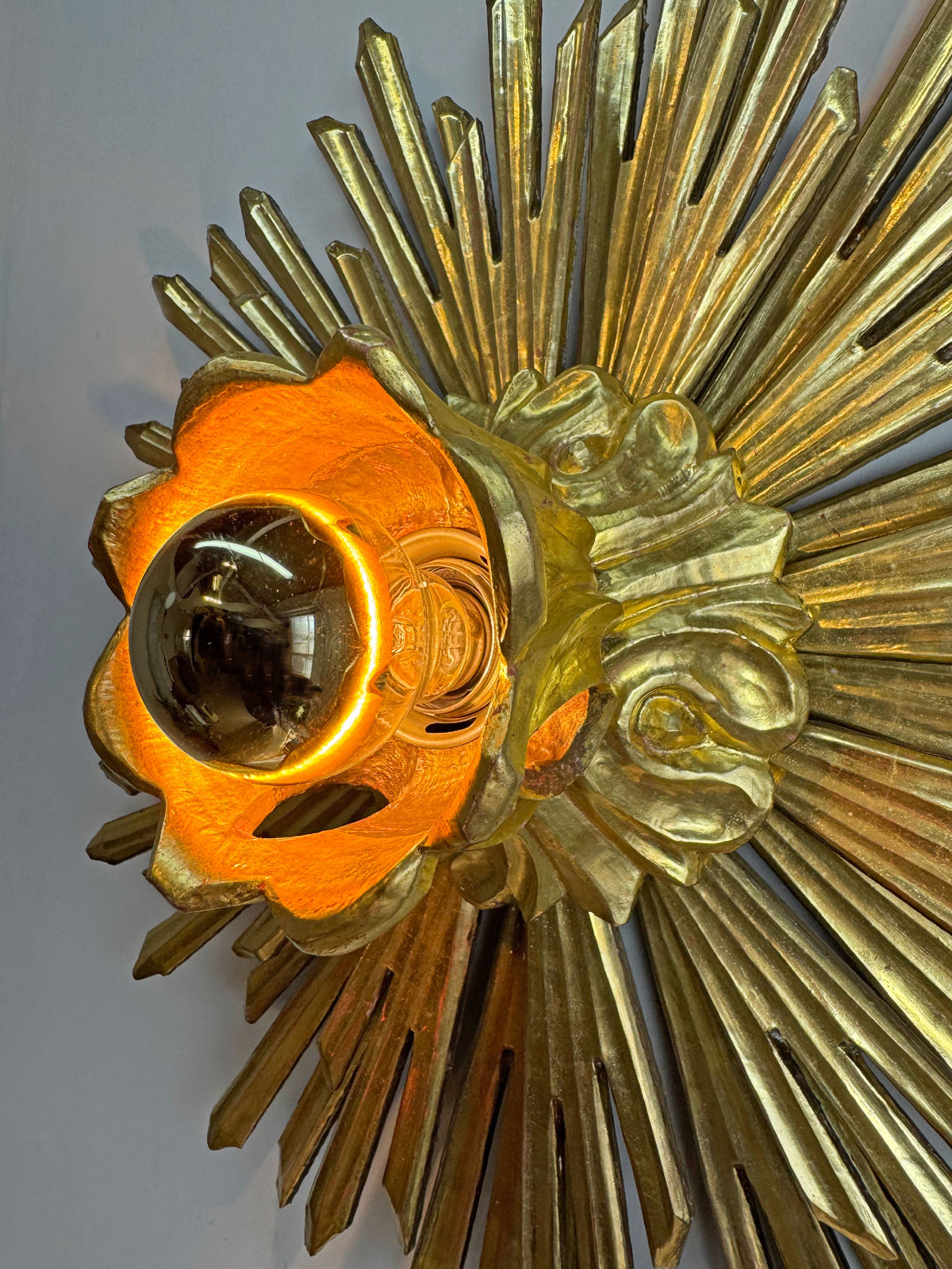Large Water Gilded Wooden Chapel Sunburst Flush or Wall Light