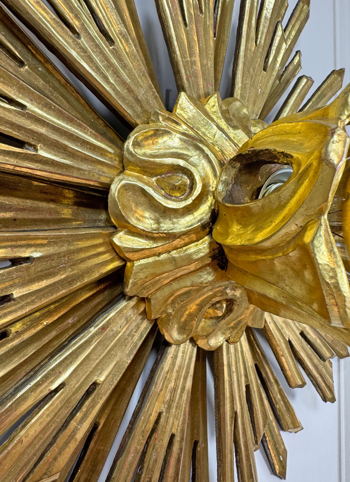 Large Water Gilded Wooden Chapel Sunburst Flush or Wall Light