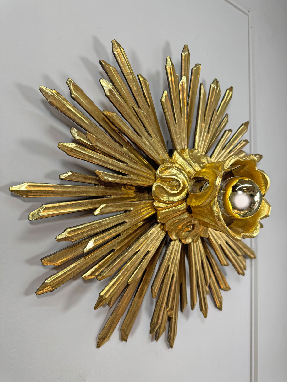 Large Water Gilded Wooden Chapel Sunburst Flush or Wall Light