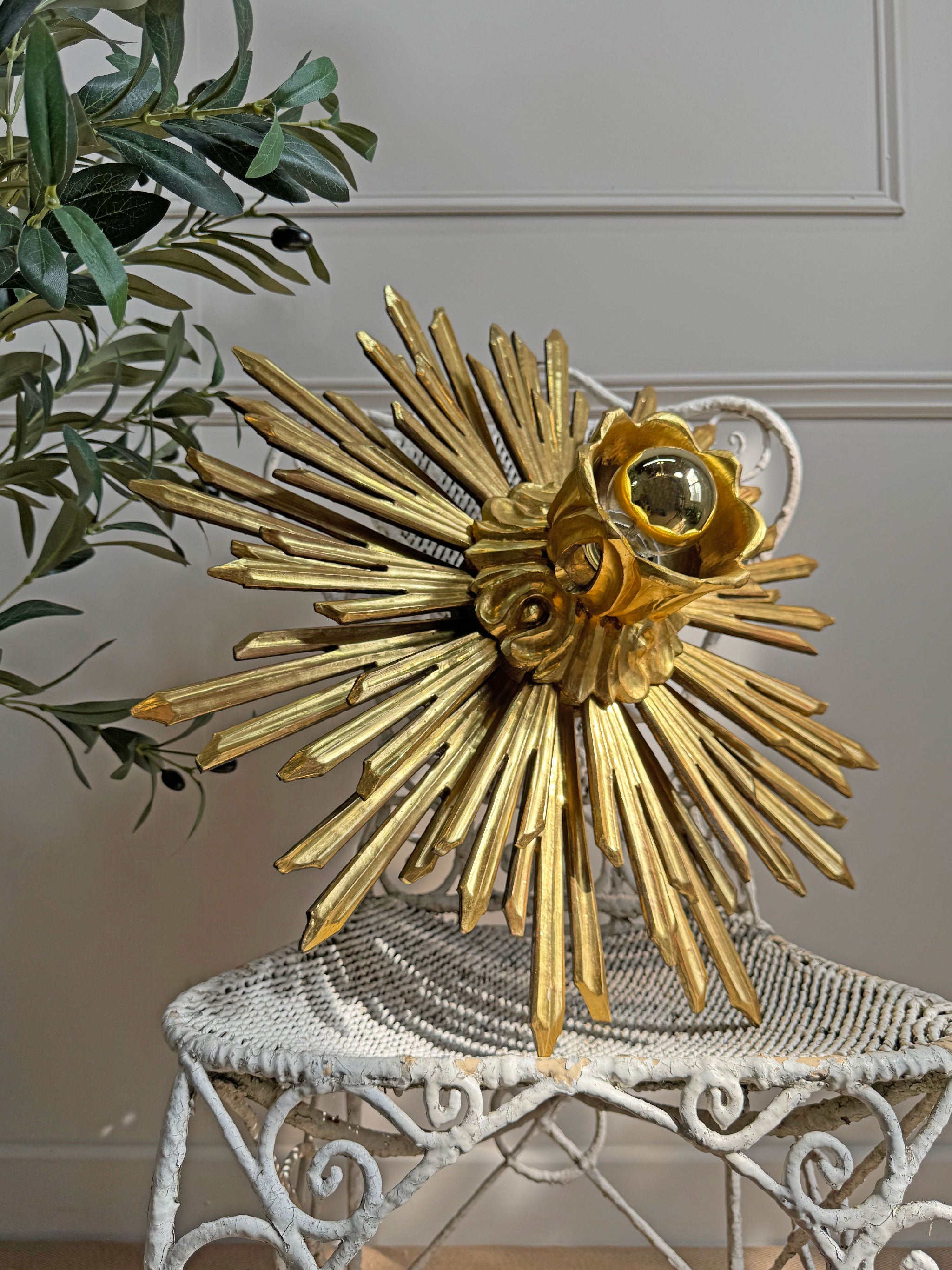 Large Water Gilded Wooden Chapel Sunburst Flush or Wall Light