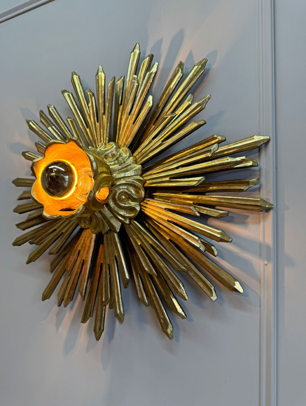 Large Water Gilded Wooden Chapel Sunburst Flush or Wall Light