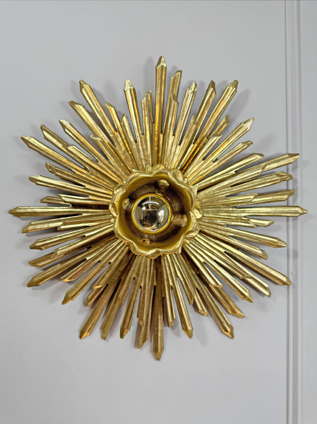 Large Water Gilded Wooden Chapel Sunburst Flush or Wall Light