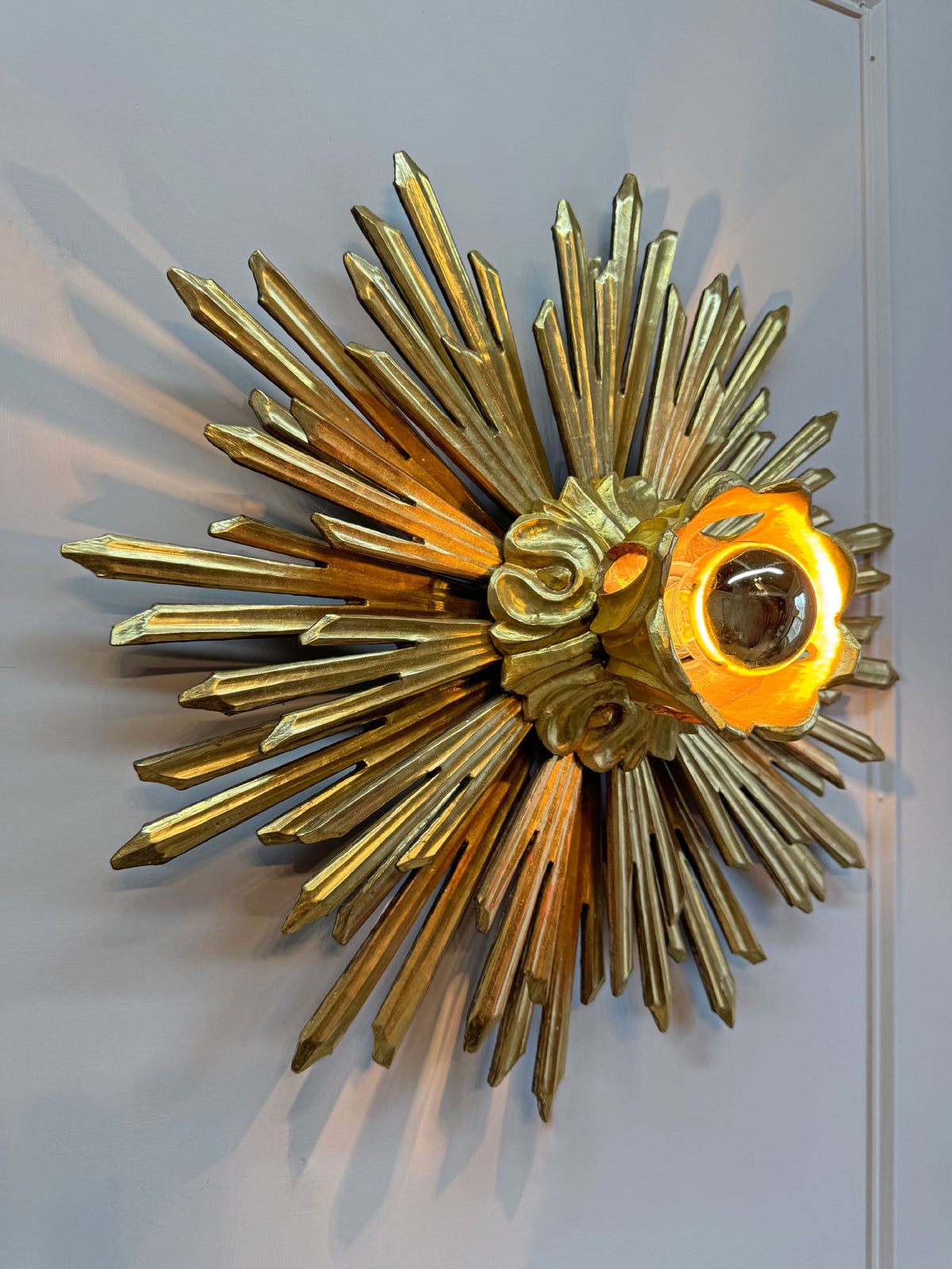 Large Water Gilded Wooden Chapel Sunburst Flush or Wall Light