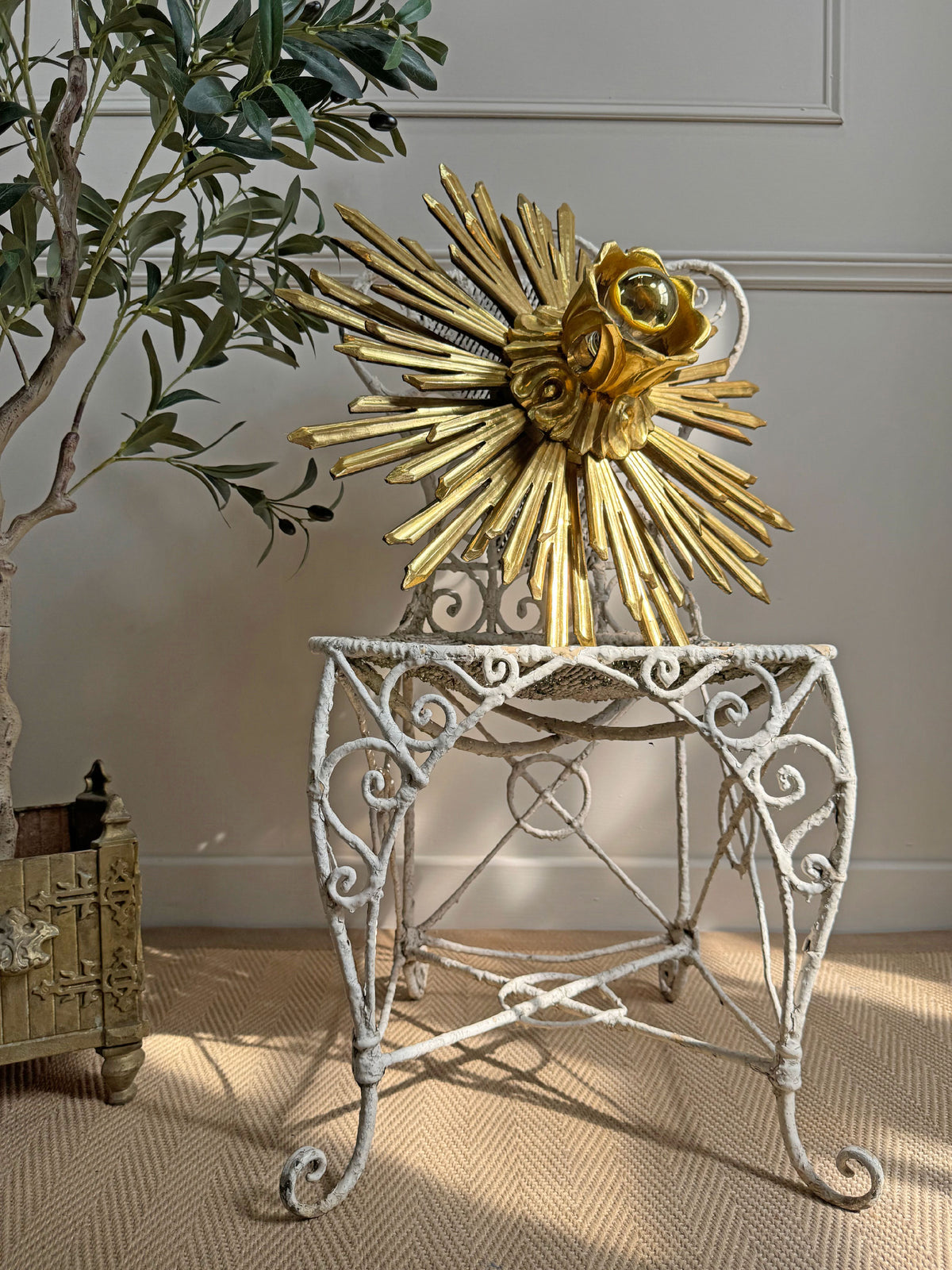 Large Water Gilded Wooden Chapel Sunburst Flush or Wall Light