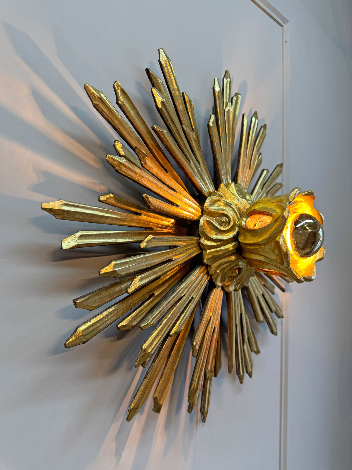 Large Water Gilded Wooden Chapel Sunburst Flush or Wall Light