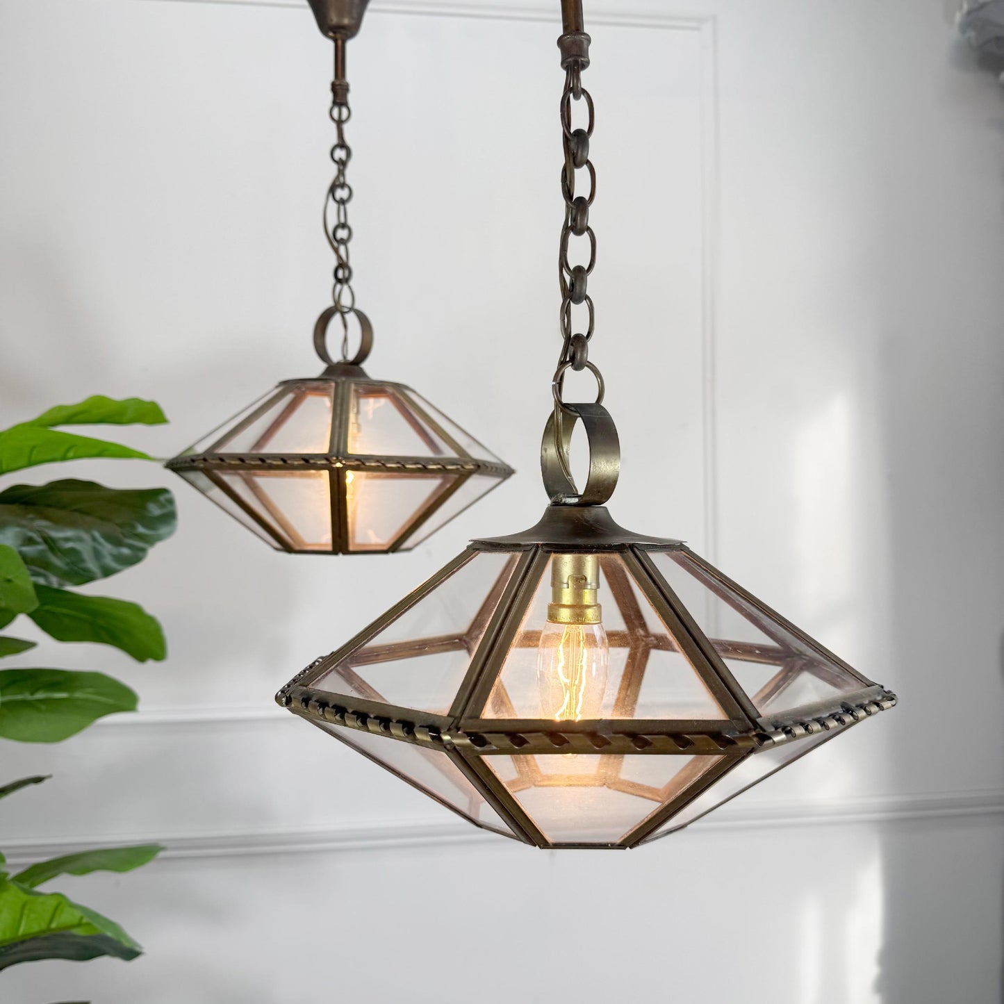 Pair of French Brass and Glass Art Deco Pendant Lights