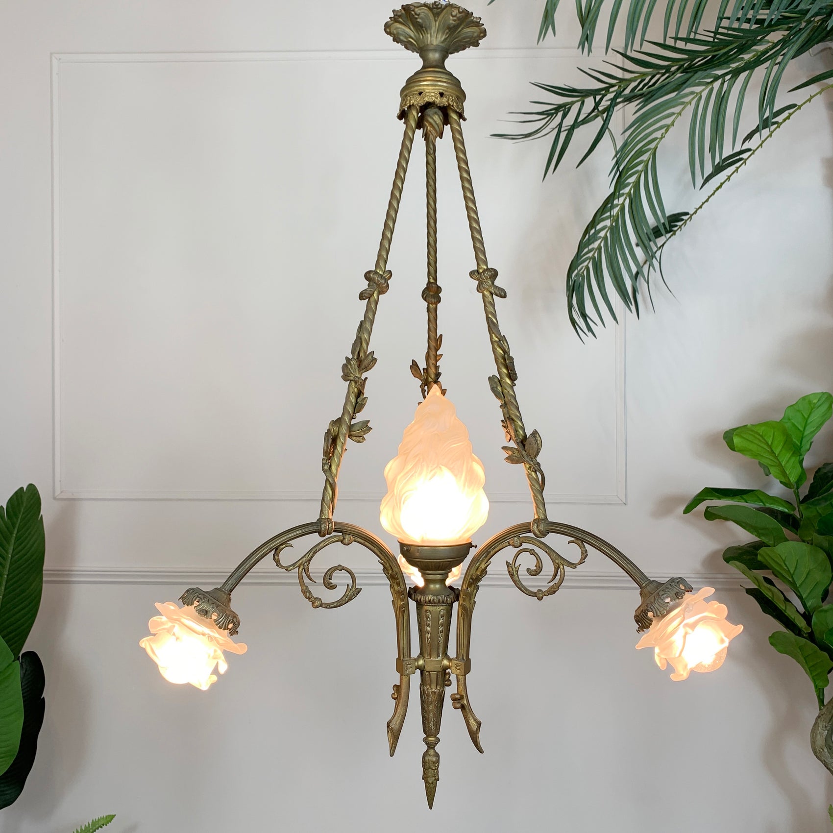 Art Nouveau Bronze and Glass Torchiere and Flower Chandelier circa 1905