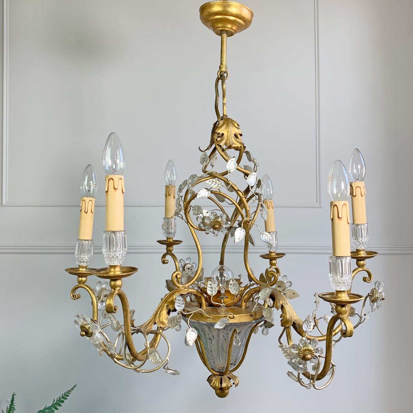 1950's Banci Firenze Gilt Crystal Floral Chandelier