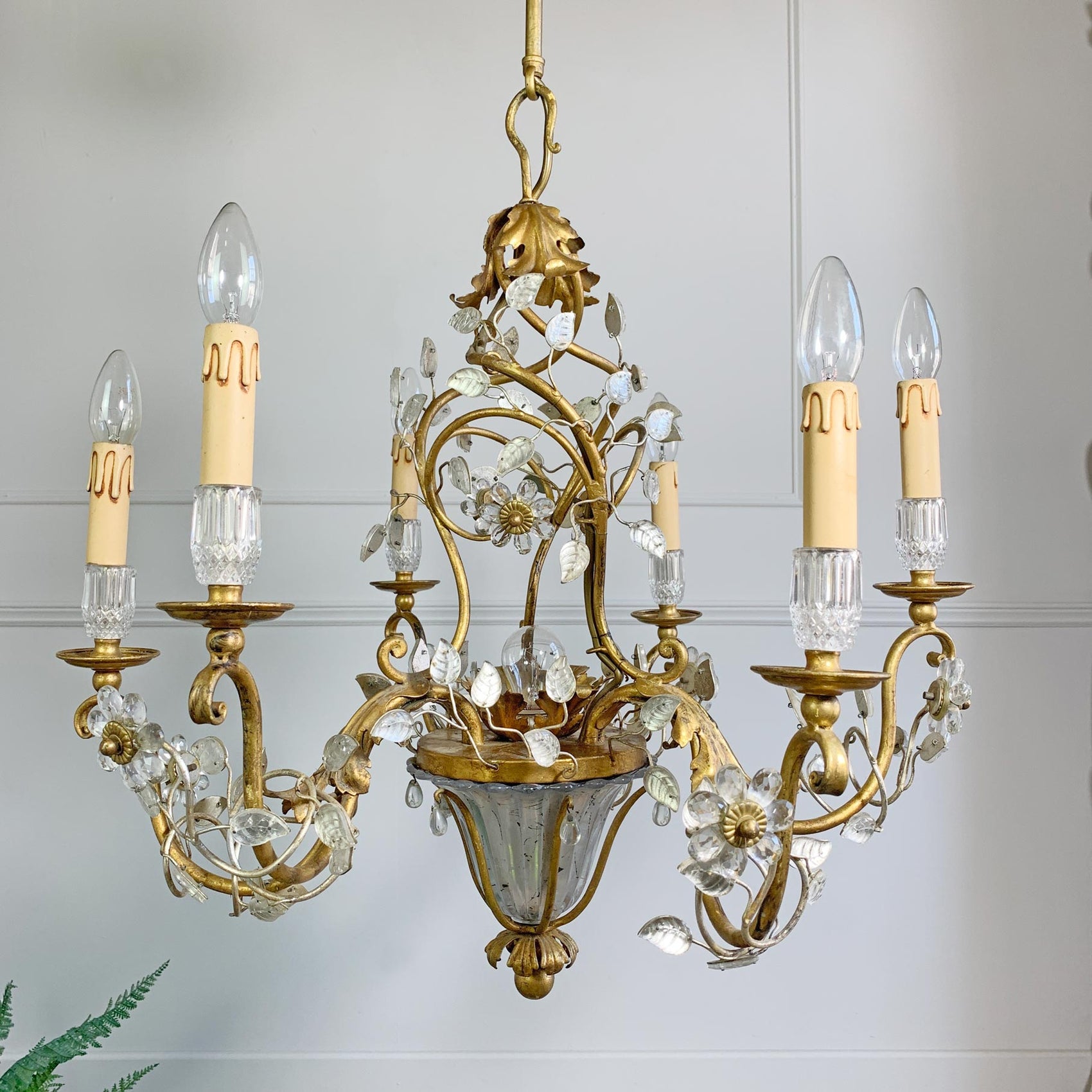 1950's Banci Firenze Gilt Crystal Floral Chandelier