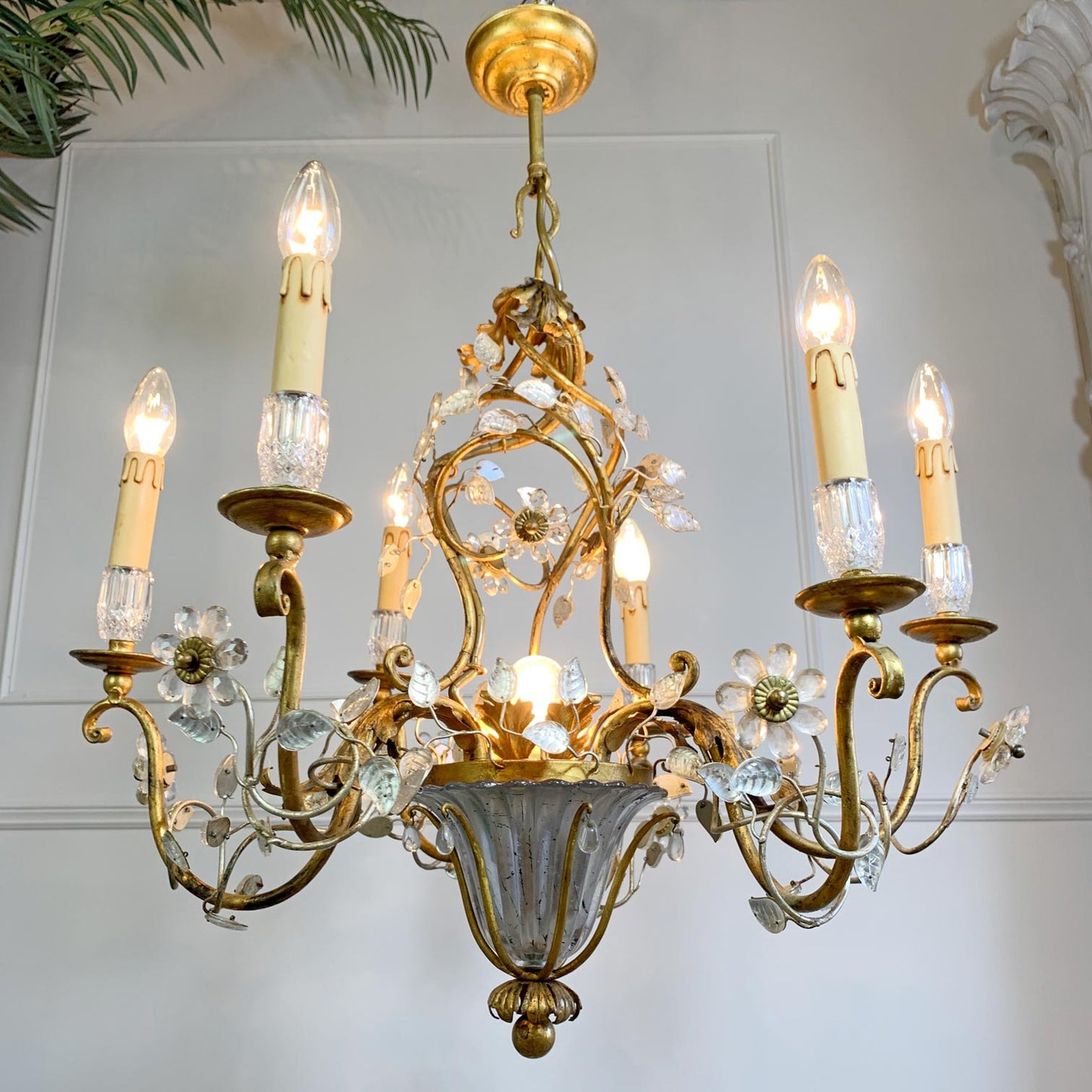 1950's Banci Firenze Gilt Crystal Floral Chandelier
