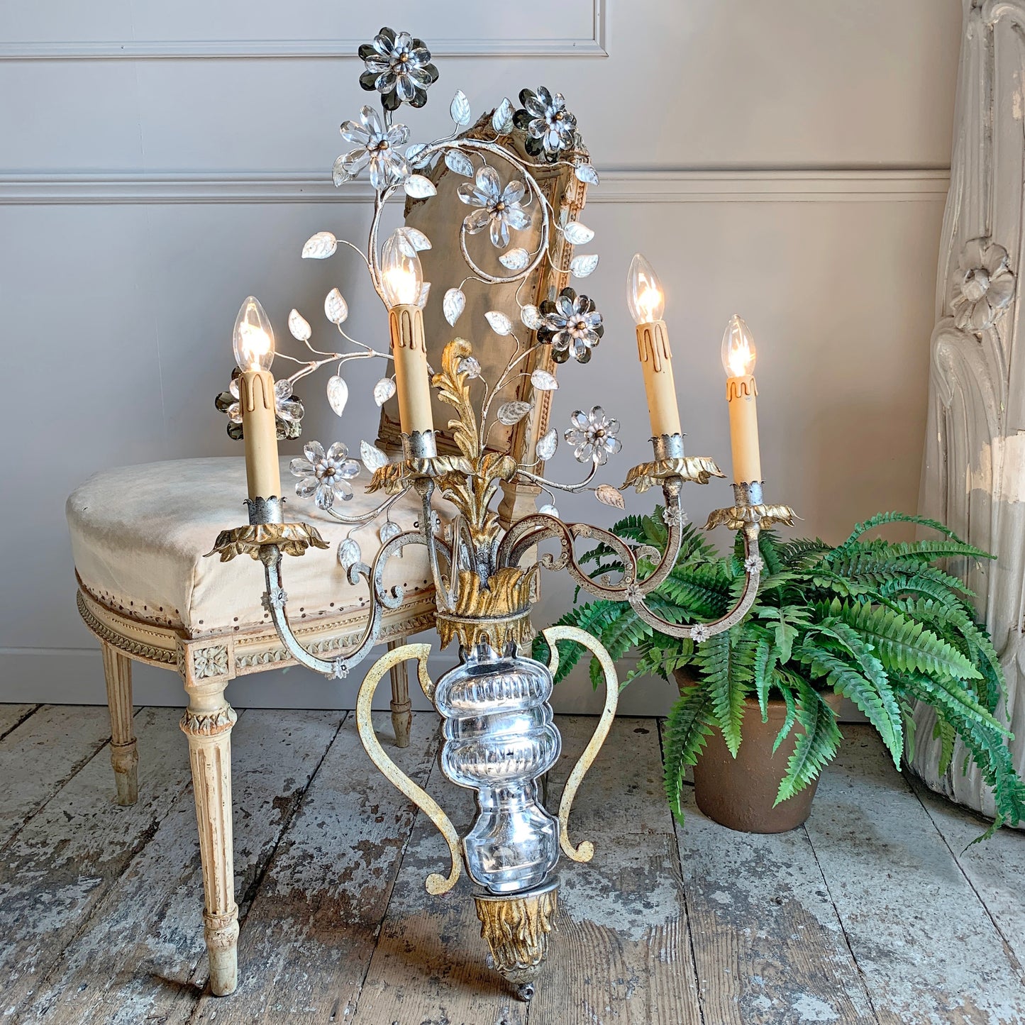 Monumental Gilt Iron and Murano Crystal Banci Firenze Wall Light