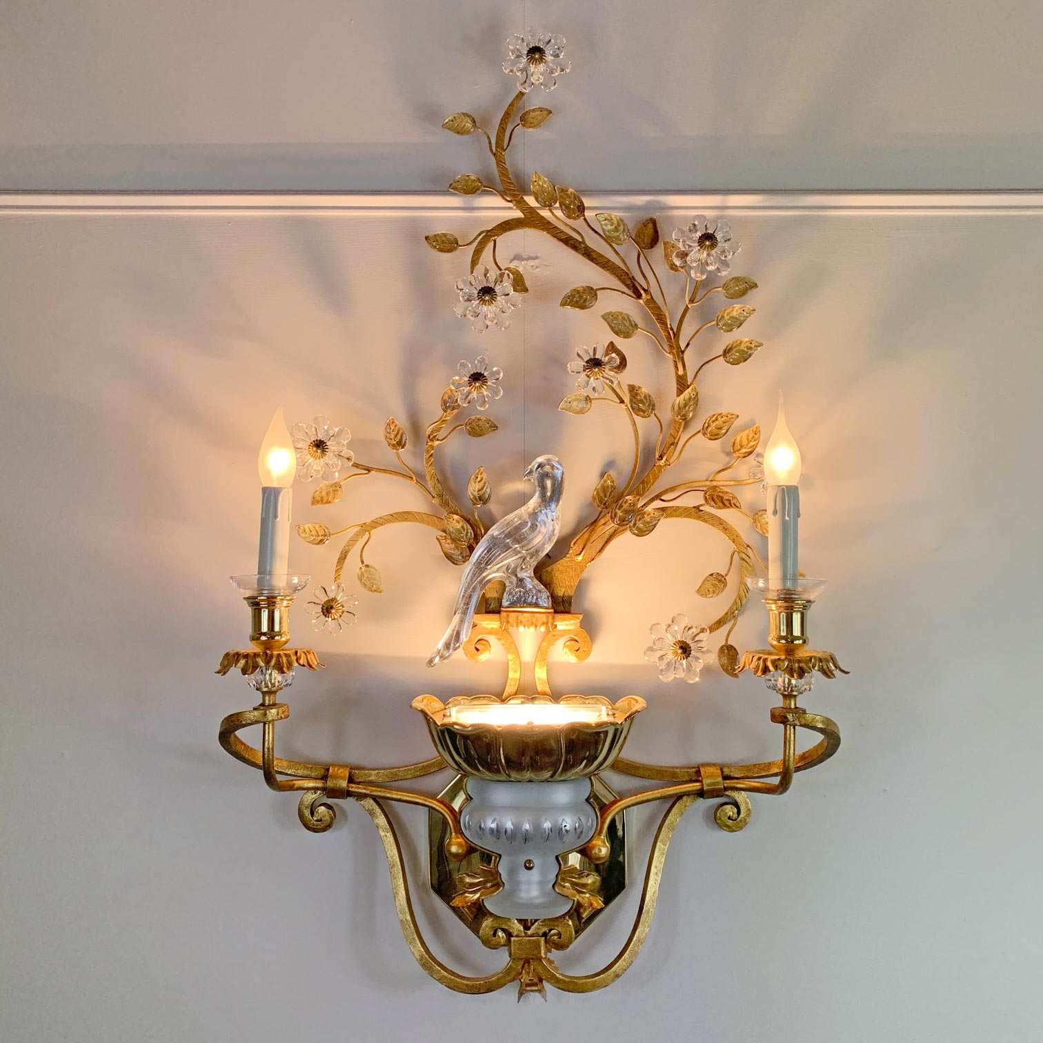 Stunning Large Banci Firenze Gilt Iron and Crystal Parrot Wall Light