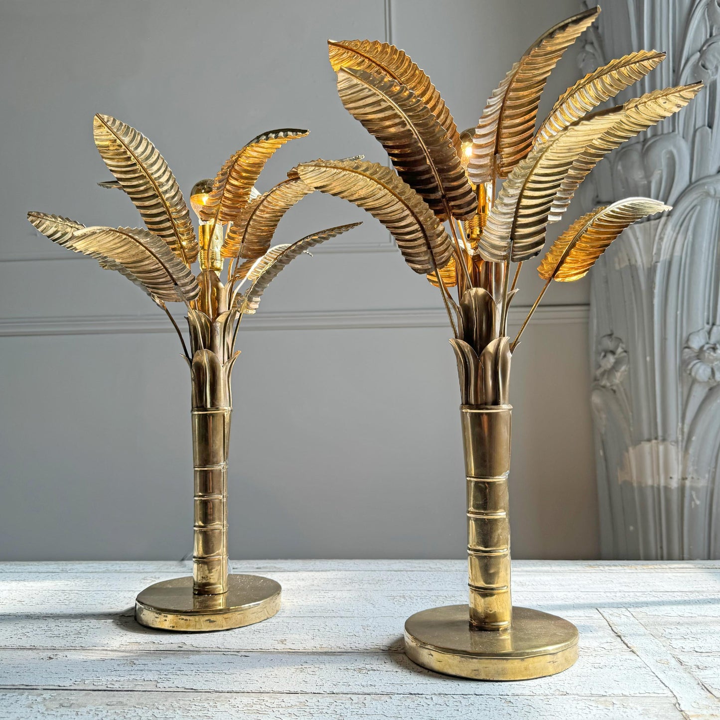 Brass Banana Palm Tree Table Lamps 1970's