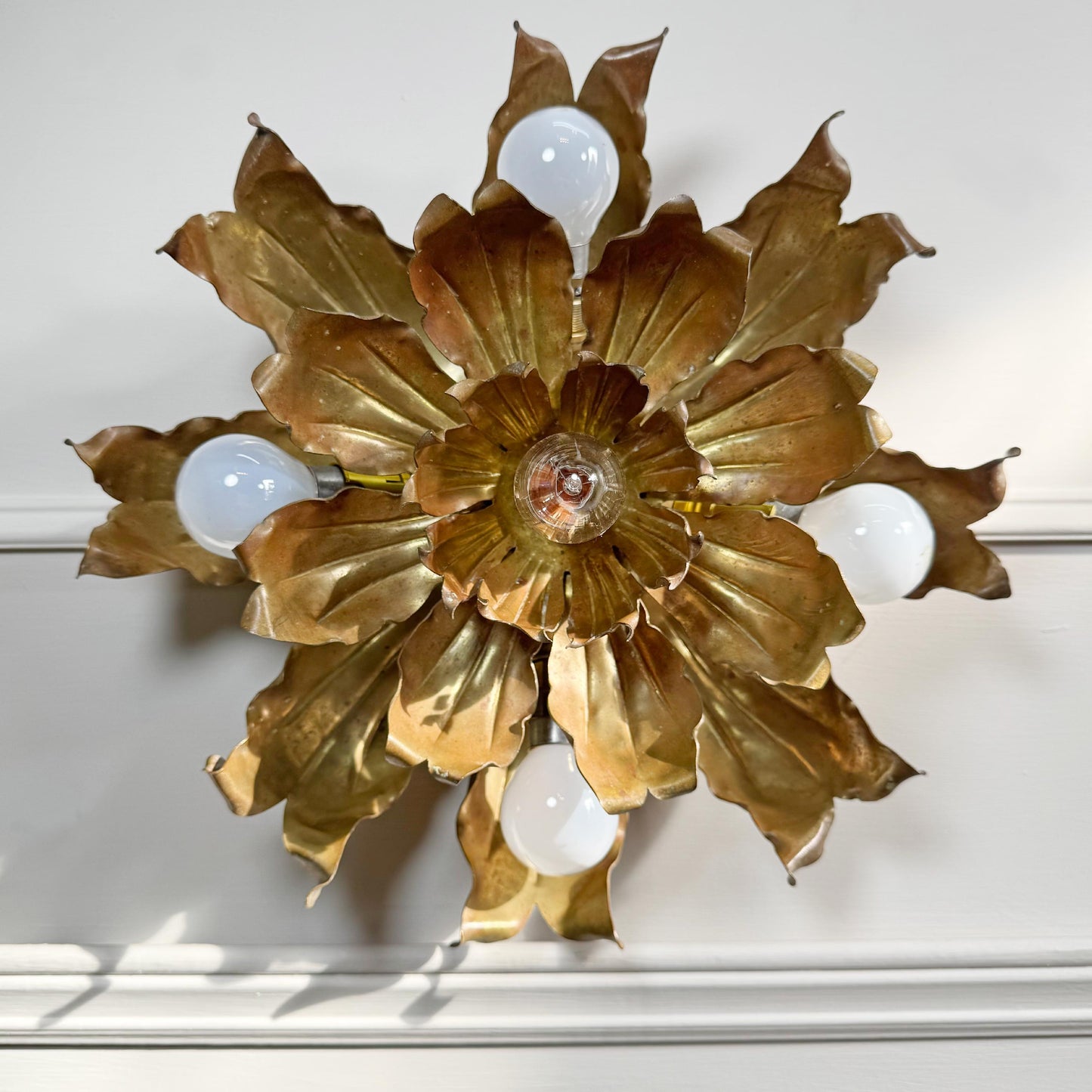 Mid Century Brutalist Copper and Brass Flower Ceiling Light