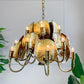 A designer chandelier featuring shells as the primary decorative elements, with a polished brass/bronze metal frame, chain suspension, and multiple lit candle-style bulbs. The chandelier is shown hanging against a white paneled wall with green tropical plants visible on both sides.