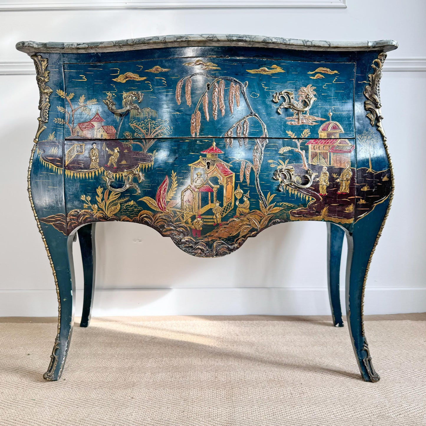 Antique Blue Chinoiserie Bombe Commode 19th Century France