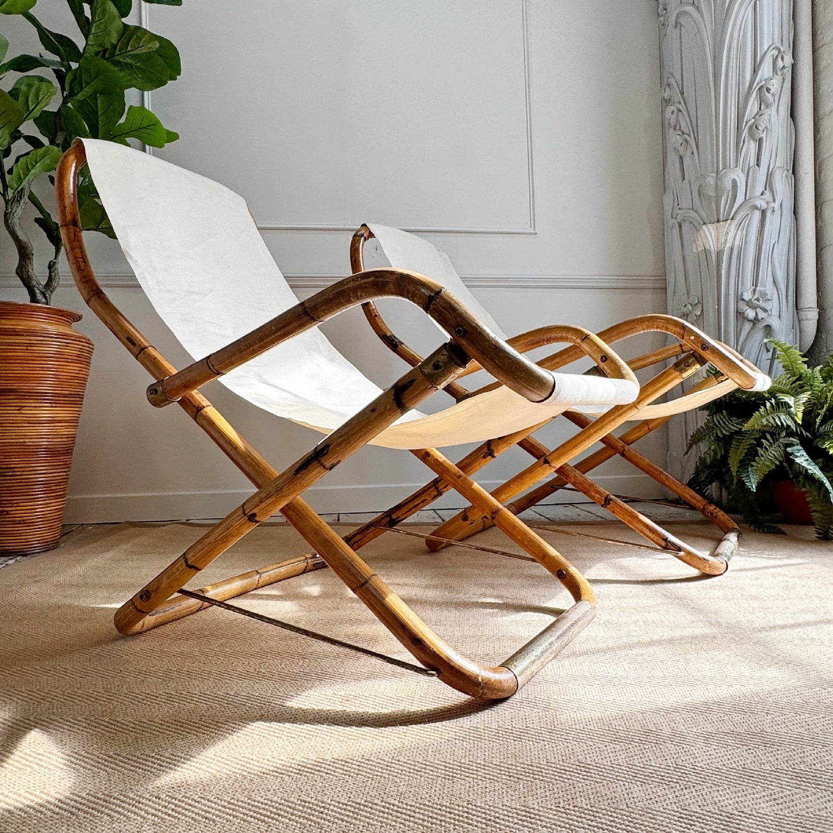 Pair of Vintage Folding Bamboo Deck Chairs 1960's Italian