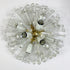 A mid-century modern flush mount ceiling light fixture featuring a central brass fixture with multiple clear glass rods ending in faceted crystal globes, with two additional white and clear glass shades hanging below.