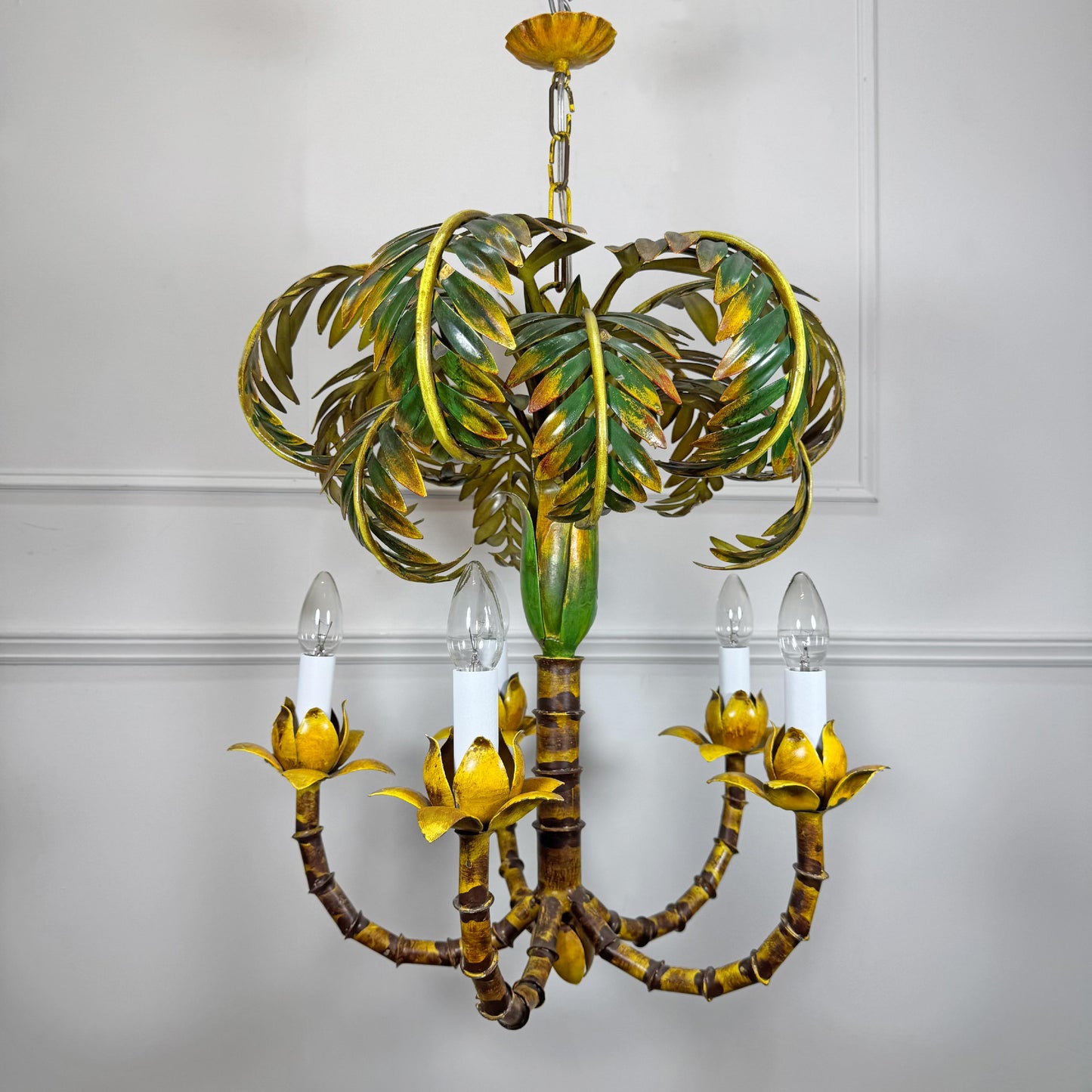 Antique Faux Bamboo Palm Leaf Chandelier France 1930's