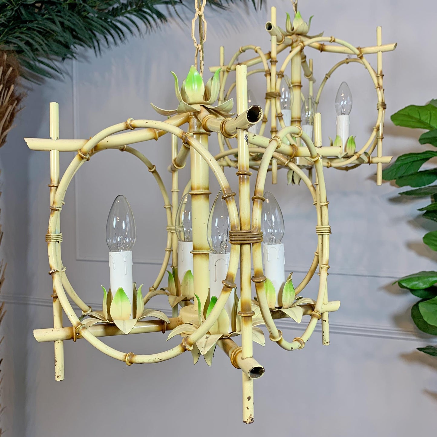 Pair of Faux Bamboo Pagoda Chandeliers Italy 1950's