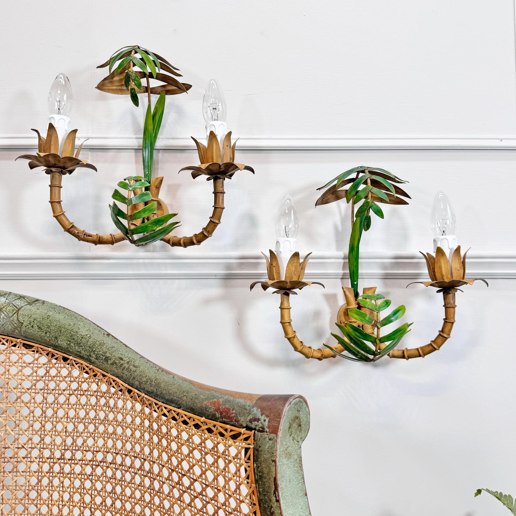 Vintage Pair of Faux Bamboo Palm Wall Lights 1950's Italian