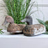 Two rustic wooden duck hunting decoy ducks with textured, weathered brown and gray bodies, displayed on a white shelf in front of green ornamental grass.