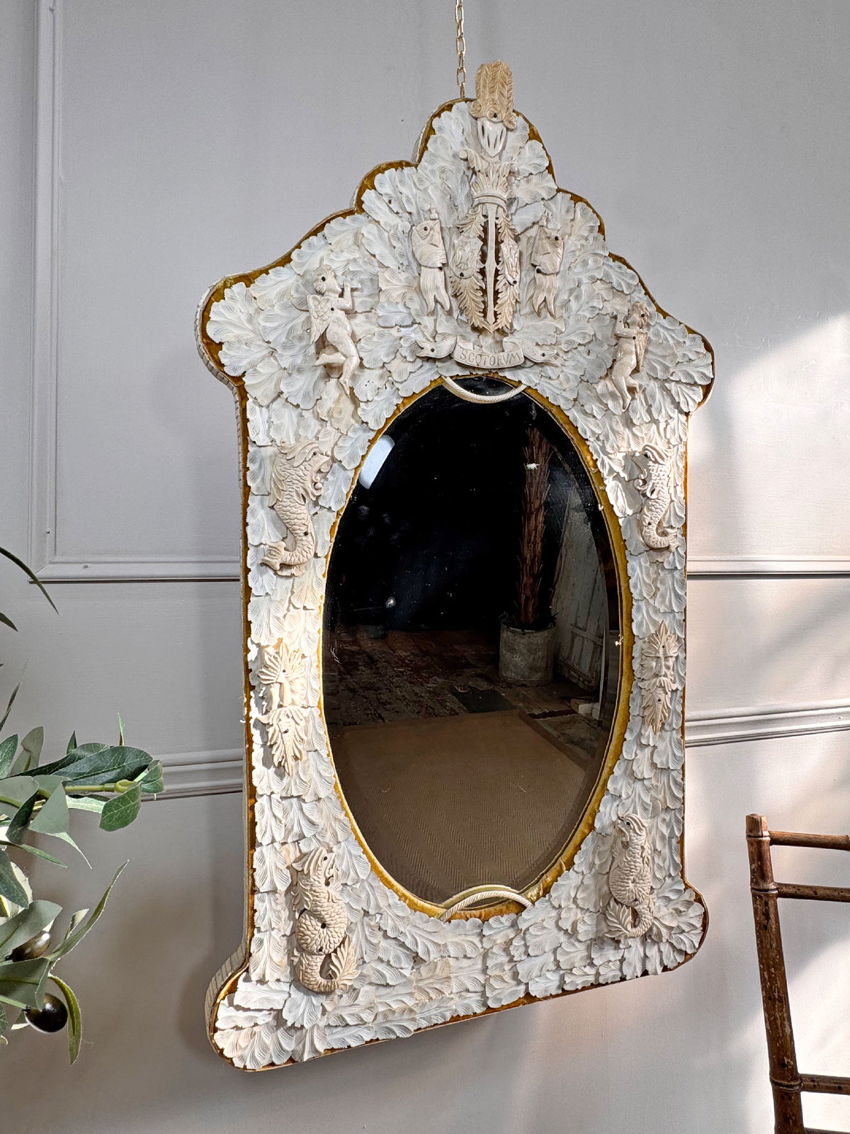An Exceptional 19th-Century French Dieppe Carved Bone Wall Mirror