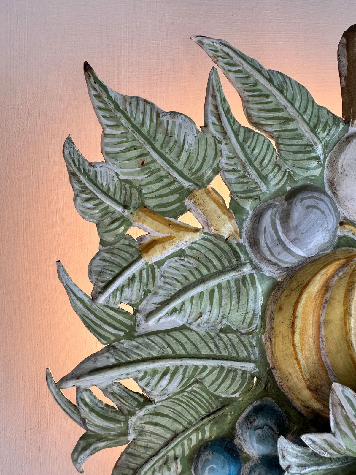 1950's French Toleware Polychrome Painted Basket of Fruit and Flowers Wall Light