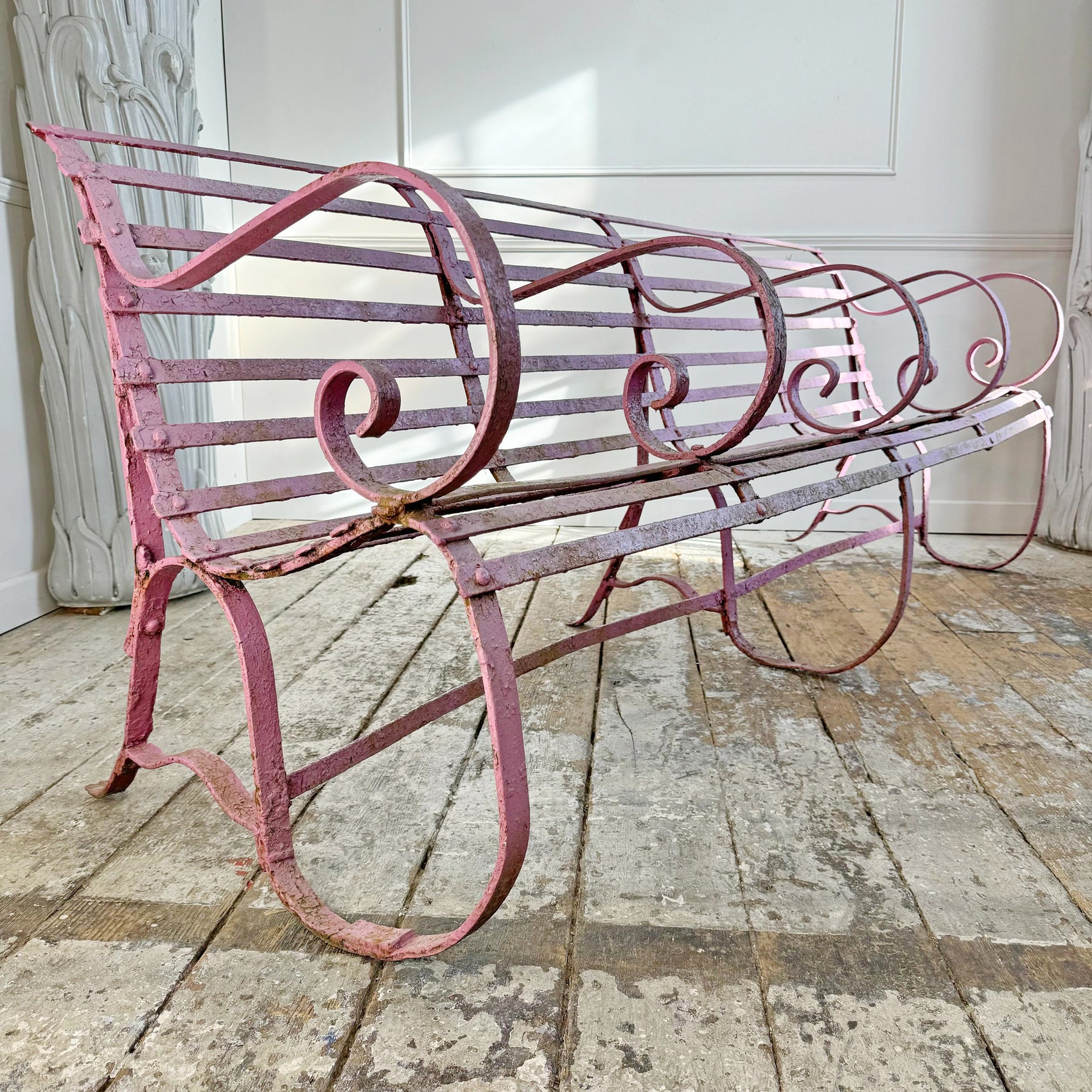 Early Victorian Scroll Arm Wrought Iron Pink Bench of Exceptional Proportions