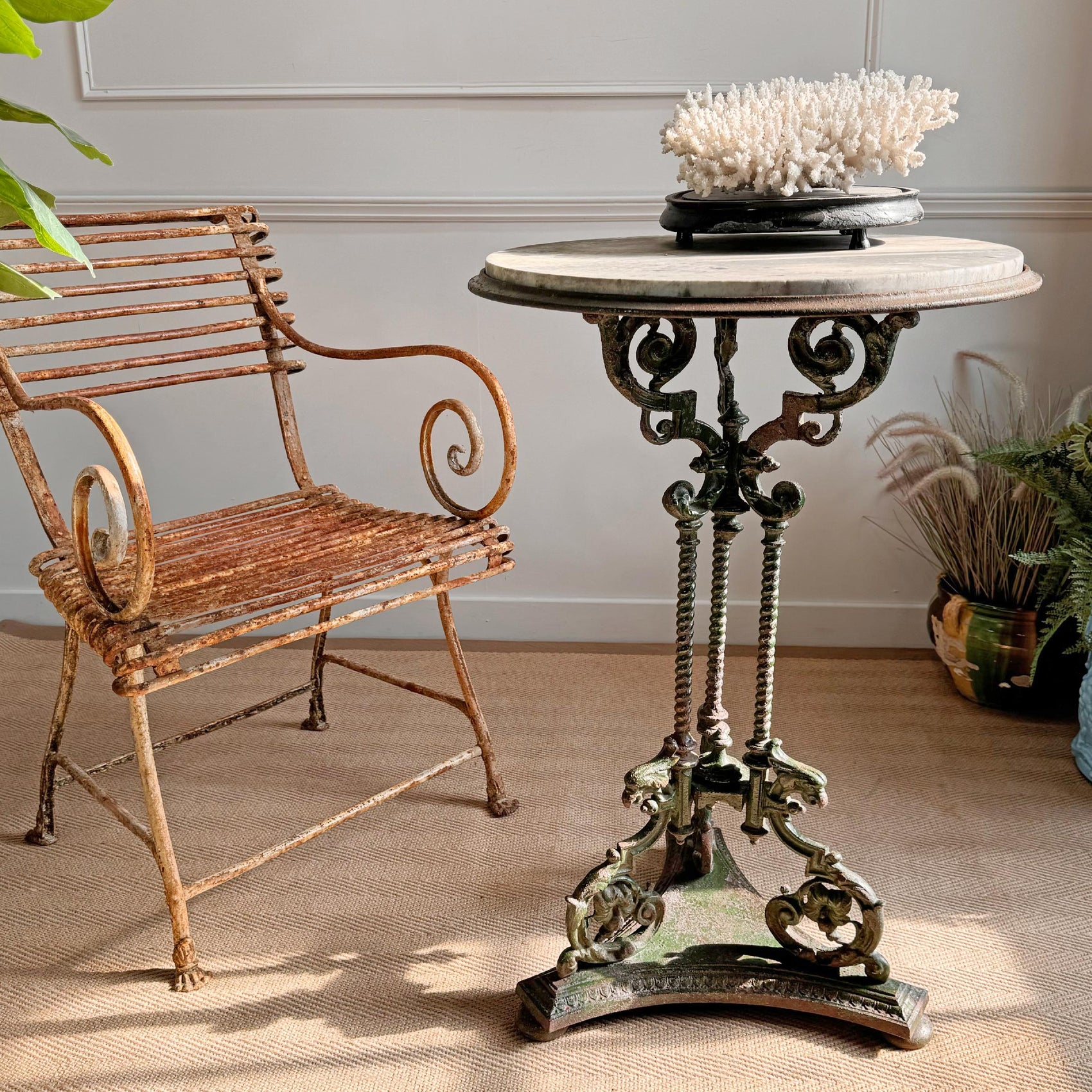 Antique Cast and Wrought Iron Marble Top Orangery Table