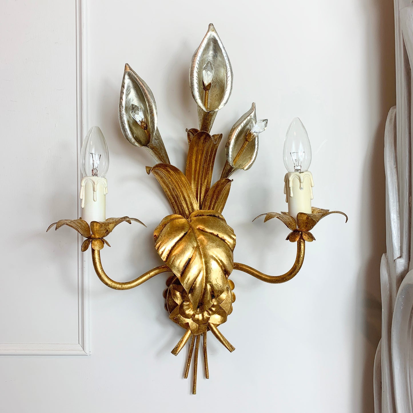Pair of Hans Kogl Gold & Silver Calla Lily Wall Sconce, C 1970'S