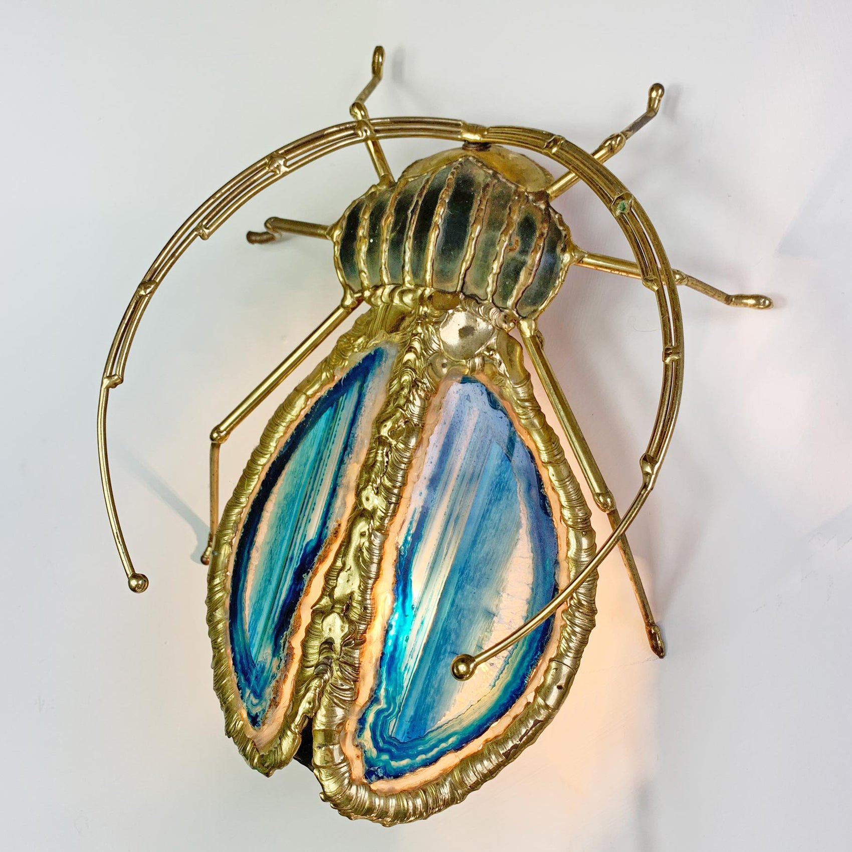 Henri Fernandez Illuminated Gold Blue Agate Sculpture of a Longhorn Beetle
