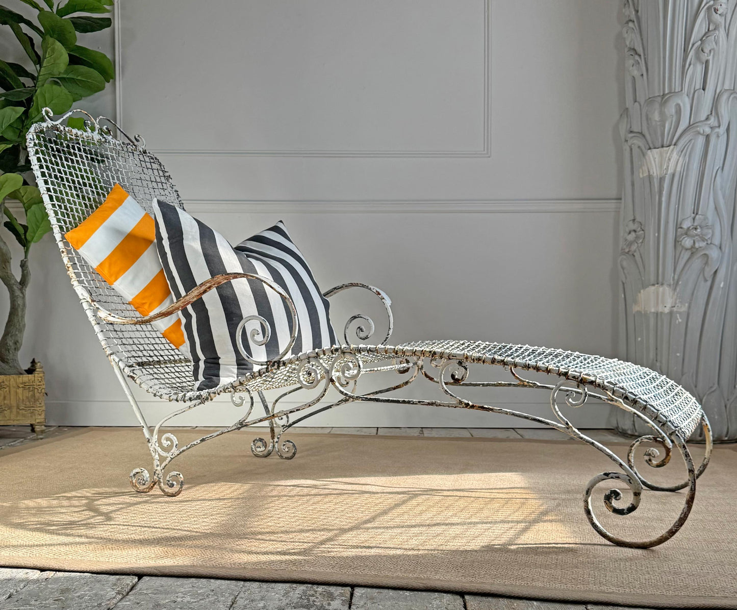 Antique Wrought Iron and Wirework Garden Lounger
