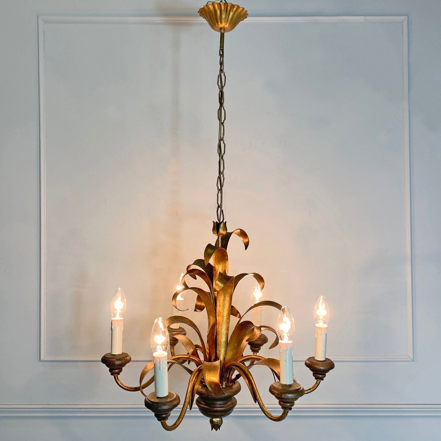 Italian Broad Leaf Gold Chandelier 1970's