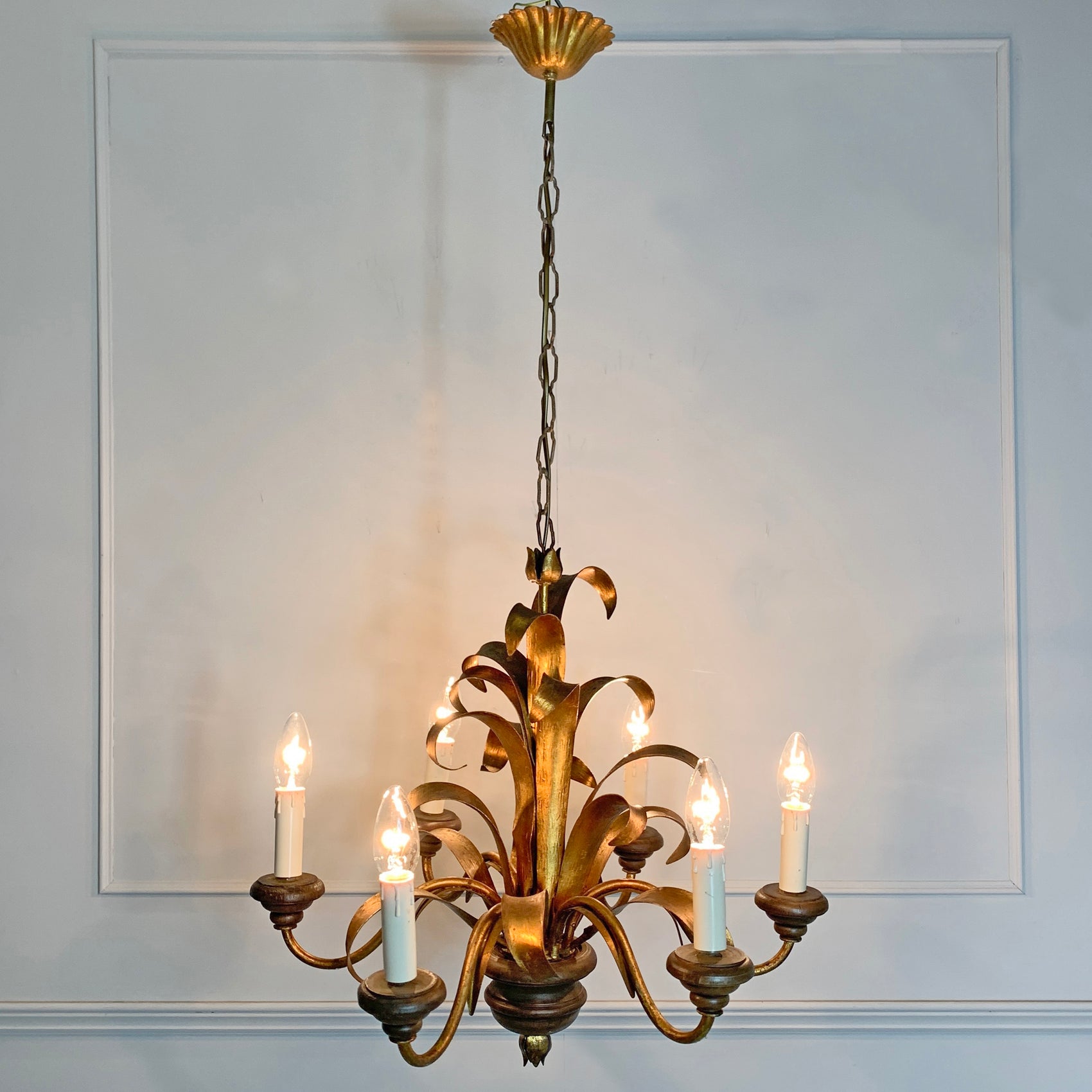 Italian Broad Leaf Gold Chandelier 1970's