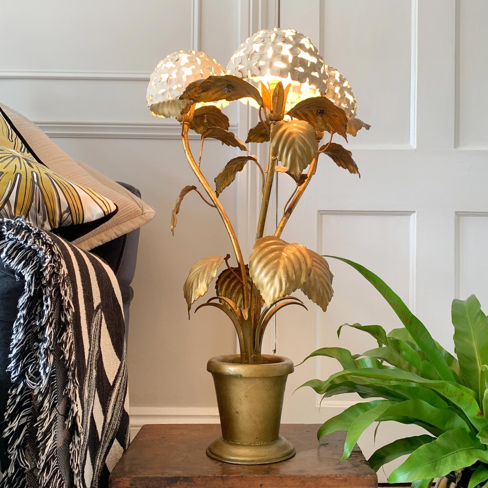 Rare 1950's White and Gold American Hydrangea Table Lamp