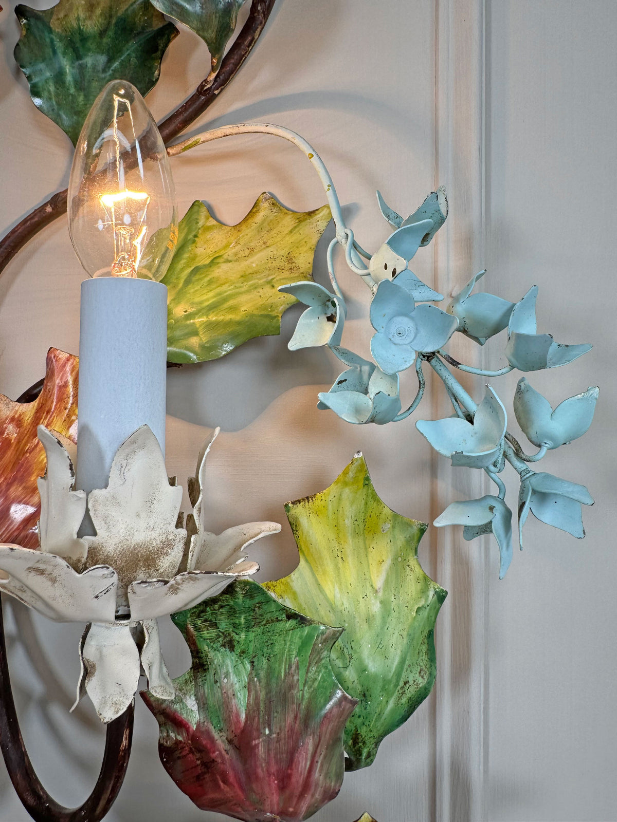 Exceptional Large Italian Hand Painted Holly Leaf and Flower Wall Sconce 1950's