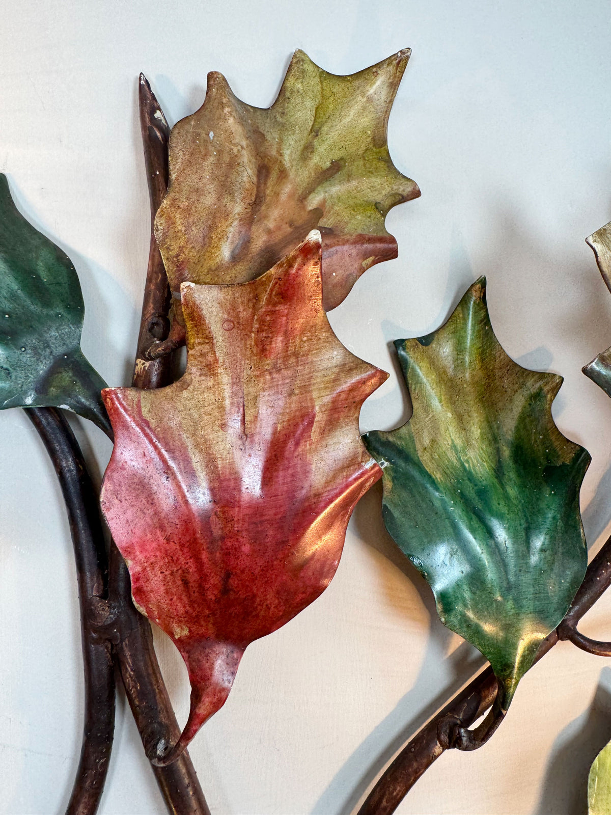 Exceptional Large Italian Hand Painted Holly Leaf and Flower Wall Sconce 1950's
